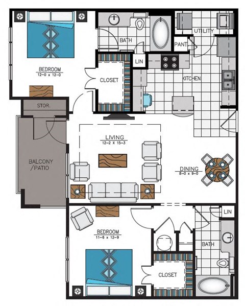 Floor plan for 2 beds, 2 baths, 1072 sqft